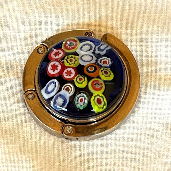 Blue Millefiori Glass Purse Hook With Foldable Metal Design - Picture 1 of 6